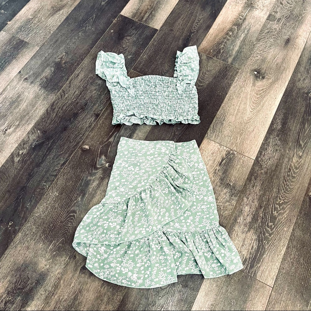 SHEIN Green Floral Kids Casual Dress